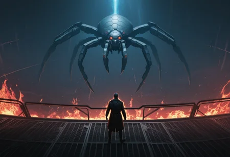 <lora:Layout1_IL:1>, layout1, masterpiece, best quality, absurdres, very aesthetic, newest, massive_mech, sci-fi_boss_battle, glowing_core, mechanical_spider, ominous_machine, energy_beams, dark_sci-fi_setting, post_apocalyptic, fire_in_background, dramatic_pose, silhouette, cinematic_lighting, futuristic_war, scale_difference, back_view, tech_detailing, intense_mood