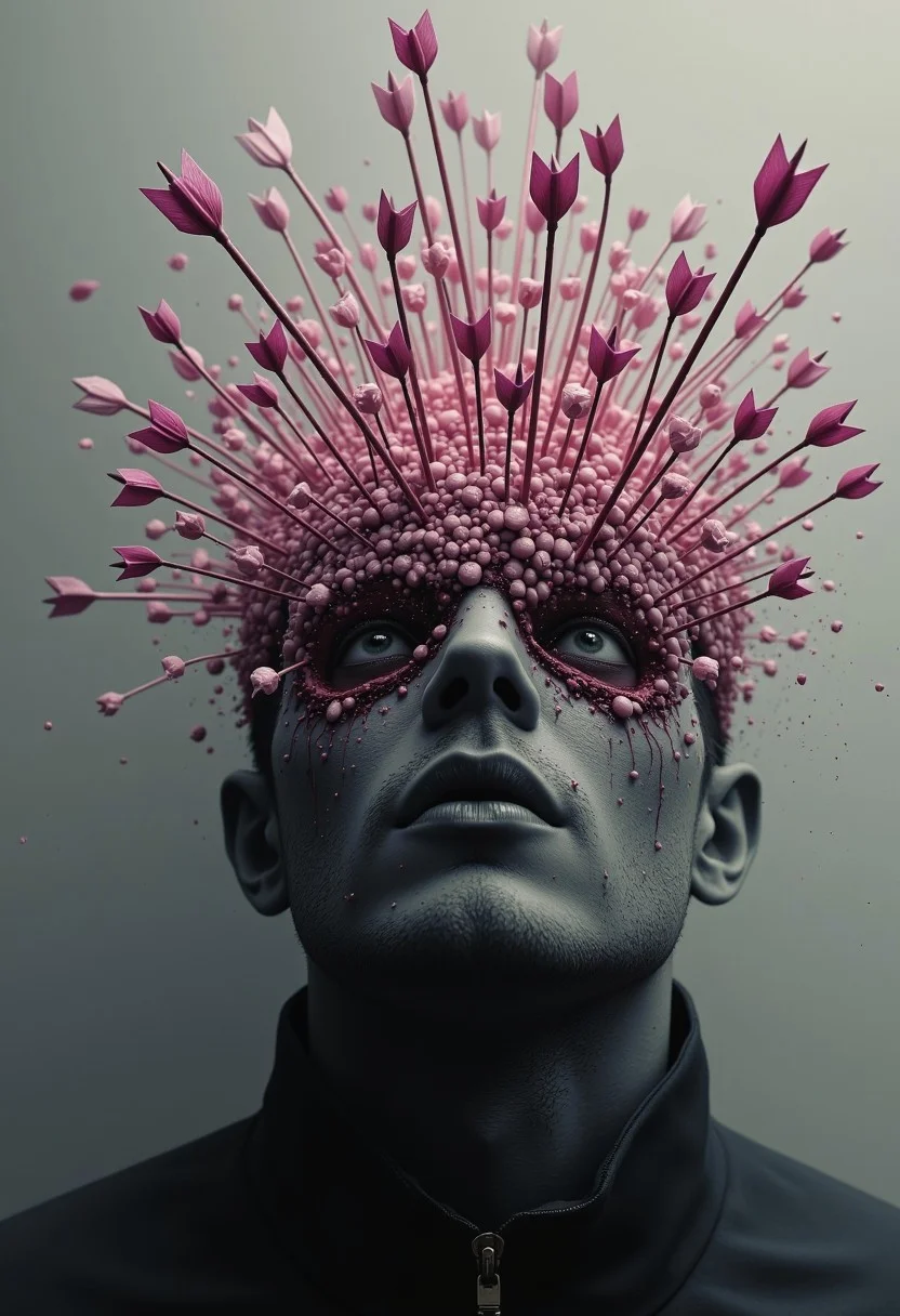 artistic VFX Particle Systems, hundred arrows crushed the forehead and throws brain pieces everywhere, ugly deformed face, man, faceless, complexity with details, eye focus, deep gaze, limited colors are deep pink, white, black, cold atmosphere, chaos