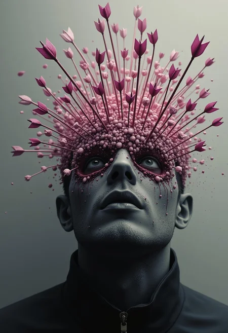 artistic VFX Particle Systems, hundred arrows crushed the forehead and throws brain pieces everywhere, ugly deformed face, man, faceless, complexity with details, eye focus, deep gaze, limited colors are deep pink, white, black, cold atmosphere, chaos