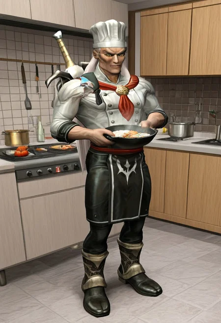 Masterpiece, absurdres, very aesthetic, newest, highy detailed, best quality, semi-realistic, solo, 1boy, K41N, WHITE HAIR, YELLOW EYES, PANTS, BOOTS, SWORD ON BACK, chef whites, chef hat, cooking, holding wok, apron, holding spatula, professional kitchen background, vivid colors