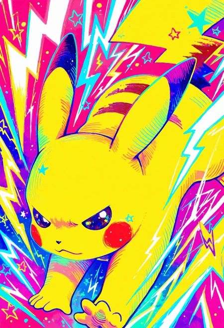 <lora:Style_OtonohaAika:1>, no humans, colorful, pikachu, lightning bolt symbol, star \(symbol\), hatching \(texture\), masterpiece, best quality
