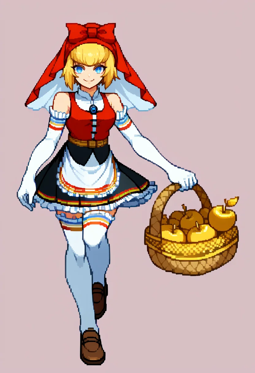 score_9, score_8_up, score_7_up, source_anime BREAK solo, 1girl, <lora:CPS2-pdxl_Fp:1>, full body, simple background, looking at viewer, pixel art, <lora:Idun-pdxl-DoRA_Fp:1>, idunnsmt, short hair, blonde hair, blue eyes, veil, red bow, red dress, vest, frilled skirt, white gloves, elbow gloves, white thighhighs, smile, bare shoulders, miniskirt, black skirt, basket, golden apple, smile, looking at viewer,