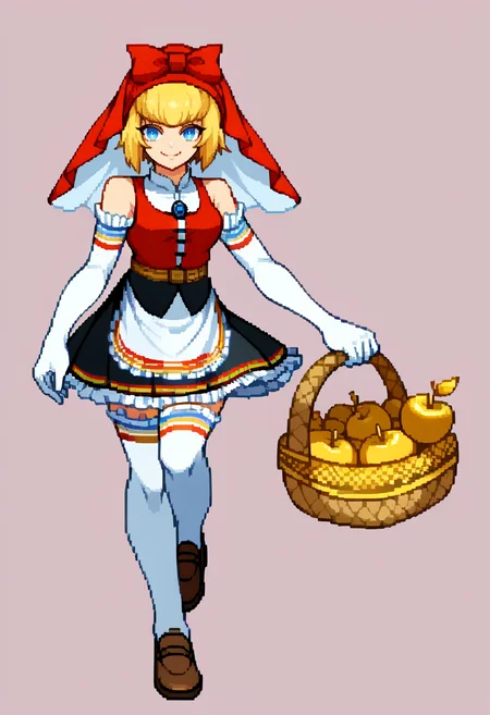 score_9, score_8_up, score_7_up, source_anime BREAK solo, 1girl, <lora:CPS2-pdxl_Fp:1>, full body, simple background, looking at viewer, pixel art, <lora:Idun-pdxl-DoRA_Fp:1>, idunnsmt, short hair, blonde hair, blue eyes, veil, red bow, red dress, vest, frilled skirt, white gloves, elbow gloves, white thighhighs, smile, bare shoulders, miniskirt, black skirt, basket, golden apple, smile, looking at viewer,