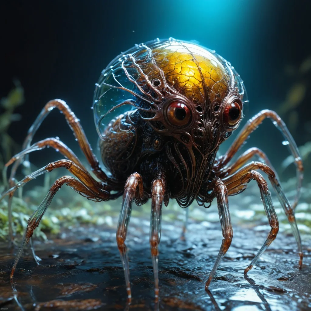 bioengineered spider creature, many legs, spindly legs, lots of eyes, (transparency:1.4), (detailed cybernetic implants fused with organic matter), full body, (with intensely vibrant swirling colors:1.3), realistic photo,  artialien