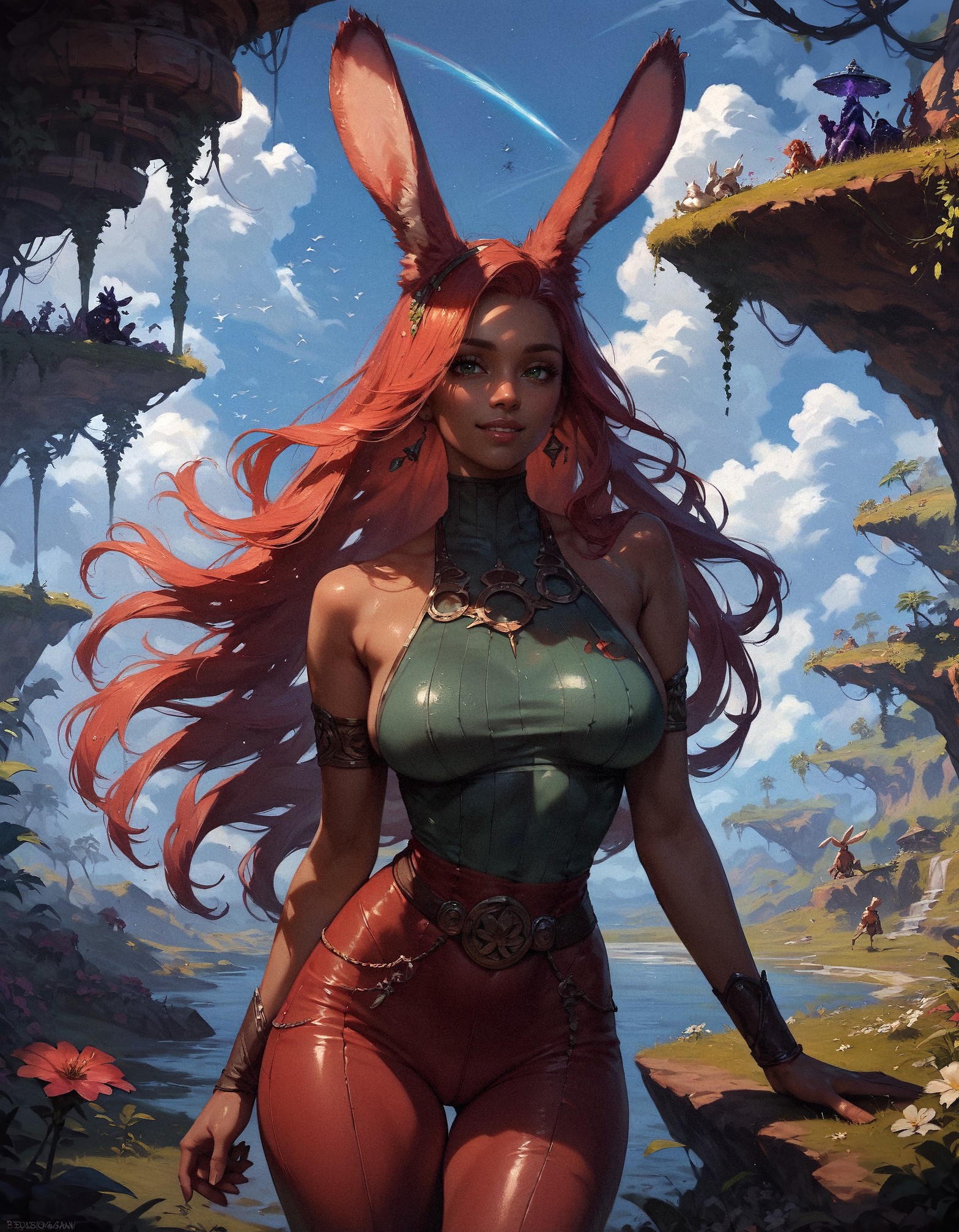 score_9, score_8_up, score_7_up,  1girl, sorceress, Viera, vran, bunny ears, in green grass, sunshine, summer day, perfect curves, comfortable, wearing green turtleneck, red hair, long hair, cosmic body, very cosmic hair, dark skin, shiny skin, plants, jungle flowers, red pants, smiling,  <lora:pony/twilight_style:0.8> realistic, <lora:pony/expressiveh:0.8> expressiveh,