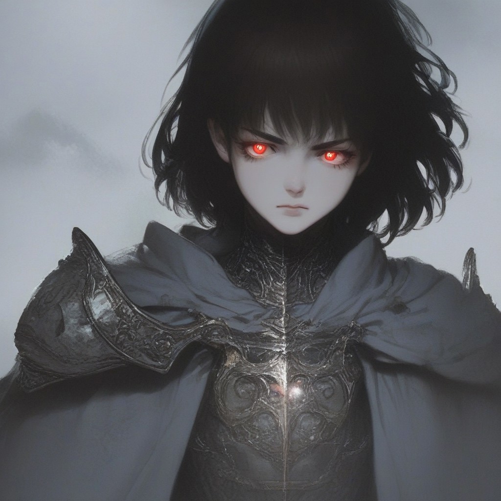 (score_9, score_8_up, score_7_up), source_anime, anime, pale skin, shoulder length, short hair, symbols on face, glowing red eyes, armor, cloak, stares into the camera, dark hair, girl