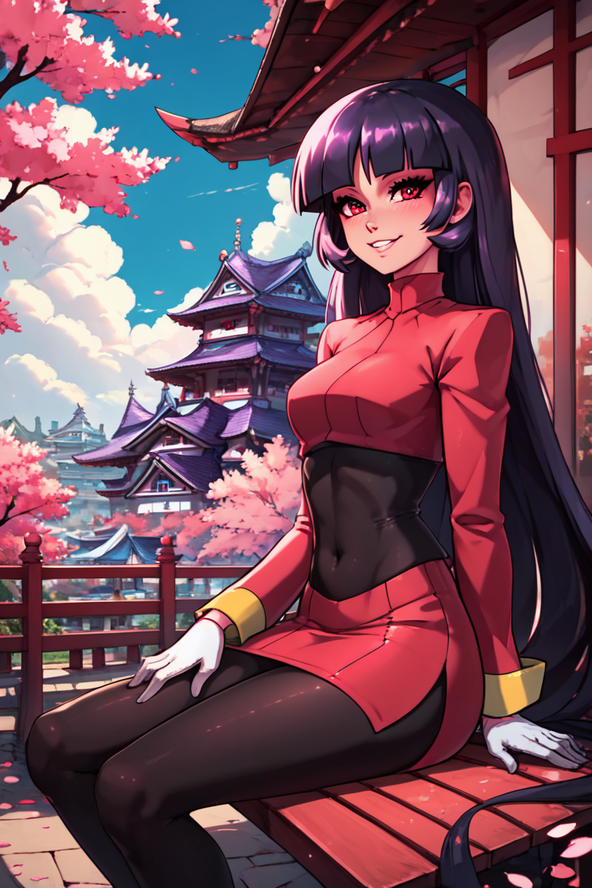 score_9, score_8_up, score_8, medium breasts, (curvy), cute, eyelashes,       BREAK, , ,,,   zzSabrina, red eyes, long hair, blunt bangs, sabrina (pokemon), purple hair, pantyhose, black hair, long sleeves, red skirt,  white gloves, black bodysuit,  ,<lora:Sabrina_Pokemon_PDXL:0.8>, ,,, , BREAK, sitting on bench, side view, smile, looking at viewer, cowboy shot,  ,,, BREAK, pnkBldng, sky, day, cloud, tree, blue sky, building, architecture, east asian architecture,  ,,, BREAK, embedding:zPDXL, Expressiveh,  ,,, <lora:PinkBuildingsPDXL_v2:0.6>, <lora:SDXLFaeTastic2400:0.5>, <lora:Expressive_H-000001:0.4>