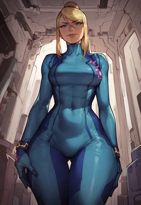 score_9, score_8_up, score_7_up, 1girl, solo, defsamus, blonde hair, bodysuit, blue clothes, blue pants, toned, slim fit, low angle, closed mouth, smile, thigh gap, depth of field, cowboy shot, looking at viewer