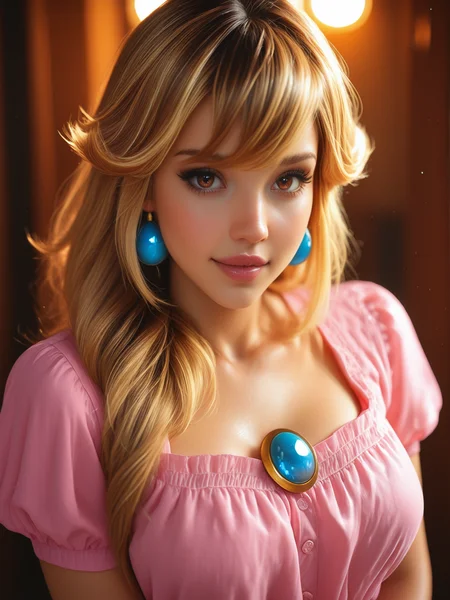 masterpiece, best quality, very aesthetic, dynamic lighting, realistic, 1 woman, solo, cinematic, <lora:JAlbDS:1> JAlbDS, brown hair, blonde streaks, brown eyes, looking at viewer, <lora:MoriiMee_Gothic_Niji_Style_Illustrious_r1:0.5> <lora:Beautiful_Girls_V4:0.5>, cosplaying as Princess Peach, very expressive, suggestive, cowboy shot
