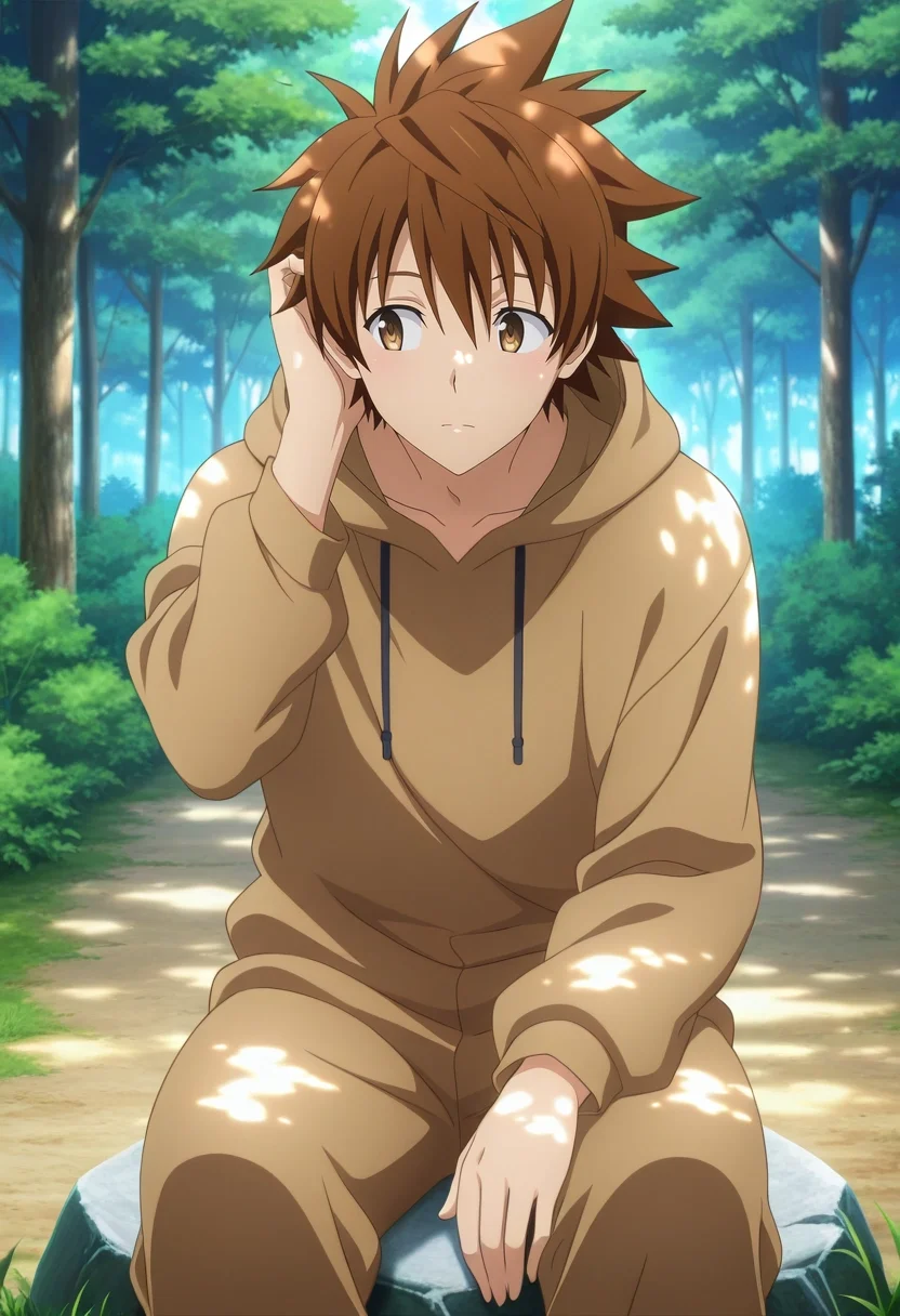 masterpiece, best quality, intricate details, anime screencap, anime coloring, official style, , 1boy, solo, male focus, <lora:rito_yuuki_ilxl:0.98>, rito_yuuki, brown hair, brown eyes, spiked hair, forest glade, dappled sunlight, seated on stone, hand in hair, peaceful expression, soft shadows, camel costume