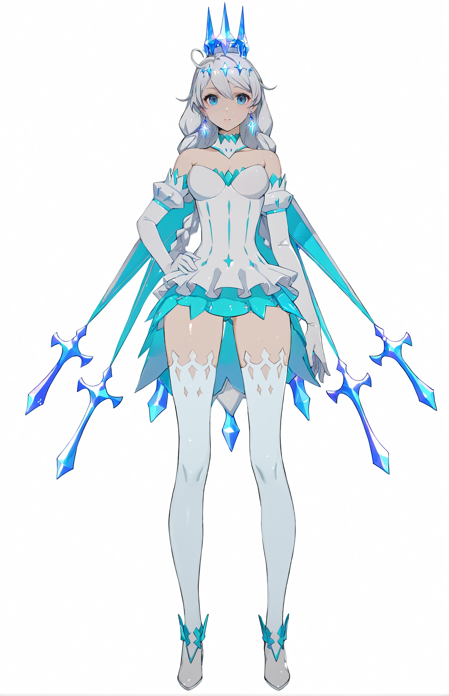 8k, best quality, masterpiece, (ultra-detailed:1.1), (high detailed skin), 
(full body), white background, standing, looking at viewer, (solo), hand on hip, 
<lora:kiana-young-A3-Tanger-000011:0.7>, kiana kaslana, dongzhi, 5th clothes, 1girl, blue eyes, gloves,  white thighhighs, dress, long hair, elbow gloves, white hair, crystal crown,  bare shoulders, bangs
(beautiful_face), ((intricate_detail)), clear face, 
((finely_detailed)), fine_fabric_emphasis, 
((glossy)), full_shot,