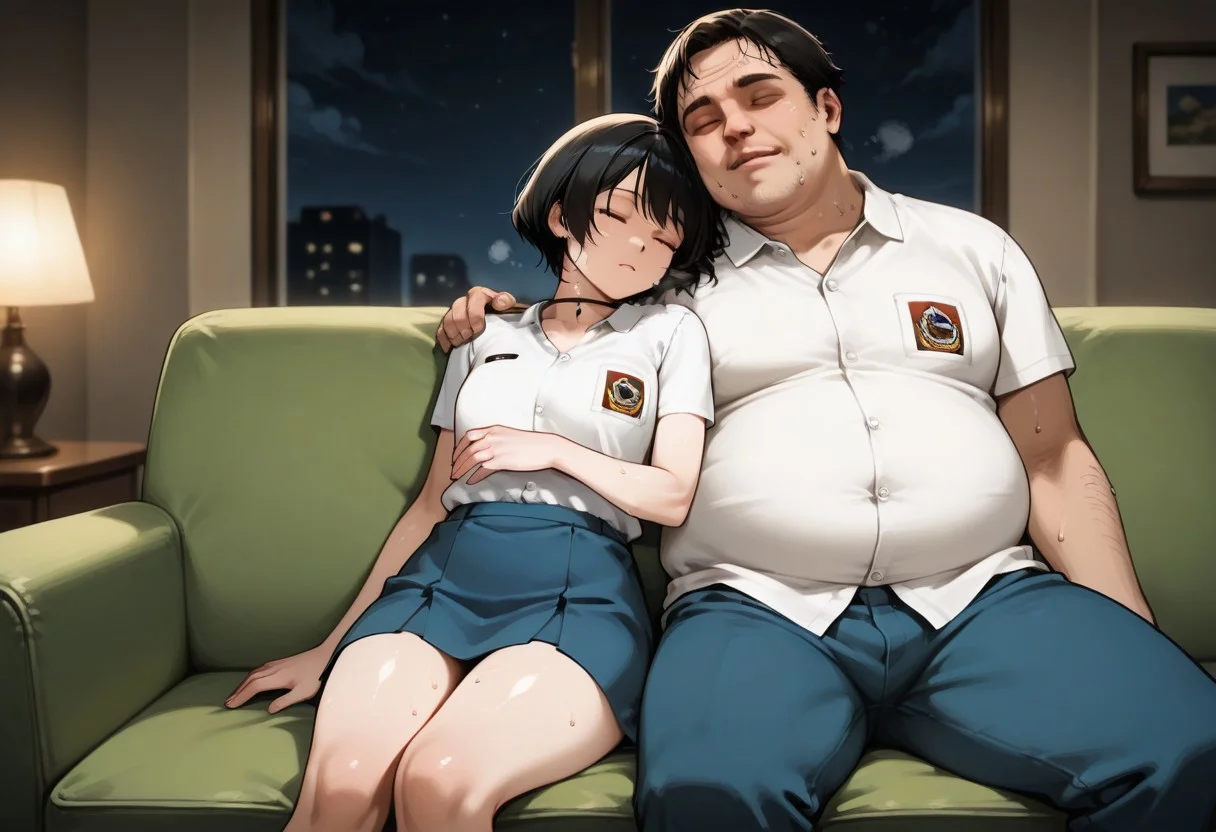 score_9, score_8_up, score_7_up, source_anime, masterpiece, high quality, best quality, highly detailed, insanely detailed, very aesthetic, absurdres, 1girl, 1guy, hetero, indoors, living room, sofa, at night, hot temperature, sultry room, depth of field, fallen asleep, wholesome,
BREAK,
1GIRL, LindawaifuIL, black hair, short hair, bob cut, brown eyes, choker, white shirt, collared shirt, emblem, short sleeves, blue skirt, (shiny skin, sweat), five fingers, sleeping, light smile, exhausted, tired, swelter, feeling hot, very sweaty skin, dripping sweat, sweating, steaming body, hugging, sitting on sofa,
BREAK,
1GUY, random guy, fat man, ugly man, white shirt, collared shirt, emblem, short sleeves, blue pants, sleeping, arm around another, sitting beside girl,