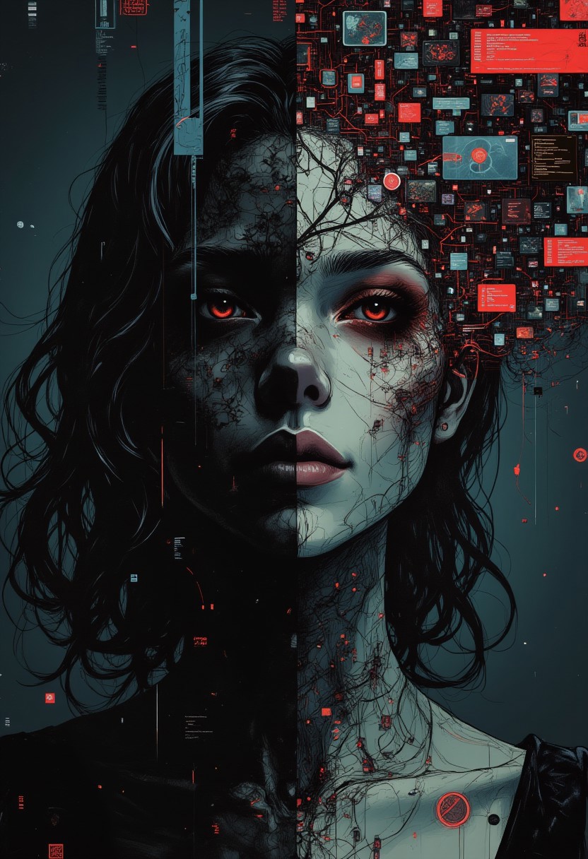 bo-abyss, in the style of cksc,, A chilling portrait of a person with their face split into two halves: one human and one a glitching, digital doppelgänger. The digital half is distorted, with fragmented pixels, RGB shifts, and datamoshing, as if it's trying to take over the human side. The background is a surreal, glitching void with floating fragments of code and static. The overall mood is unsettling, emphasizing the tension between humanity and technology