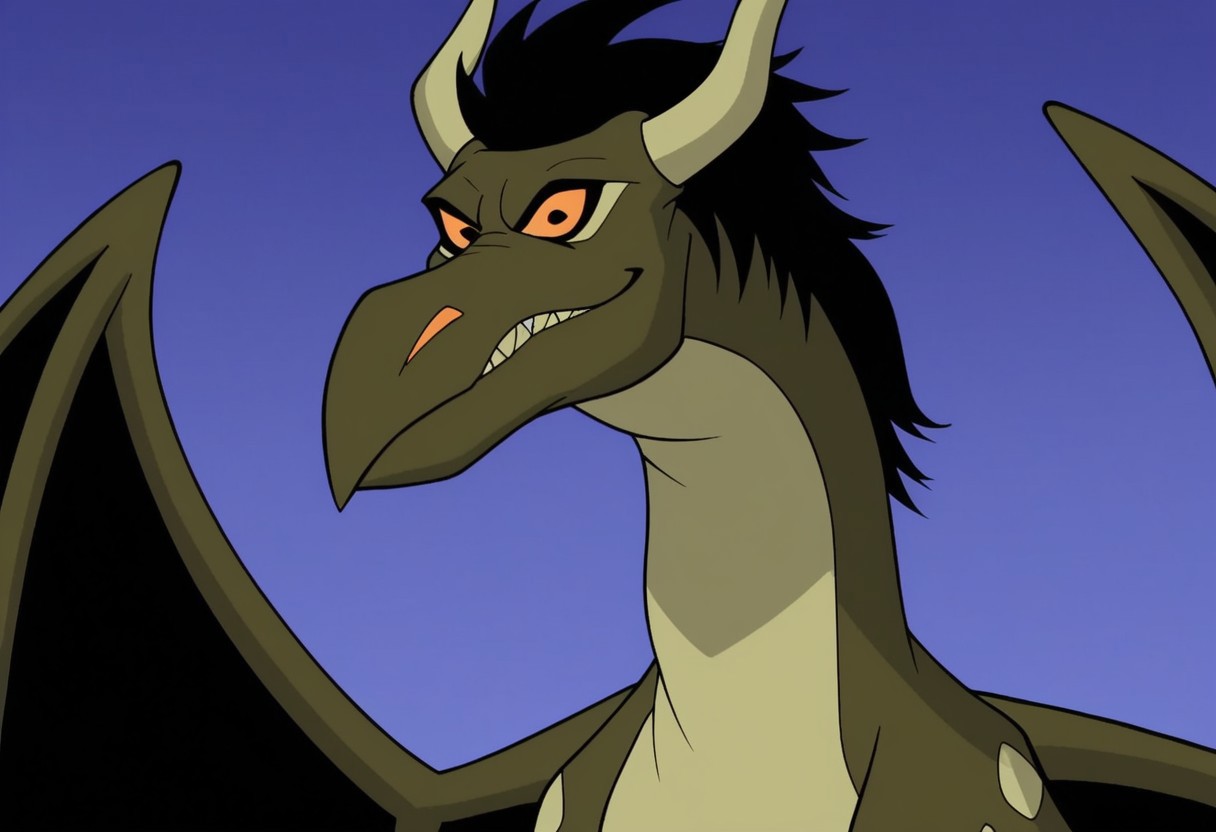 score_9, score_8_up, score_7_up, Expressiveh, masterpiece, best quality, highly detailed, realistic, 1girl, solo, (DragonMLF, furry, feral, scalie, dragon, dragon wings, horns, black hair, orange sclera, black eyes, dark-green body, dark-green scales, long tail), upper body, close-up, ((purple background, simple background), smile, looking at viewer, closed mouth, teeth,