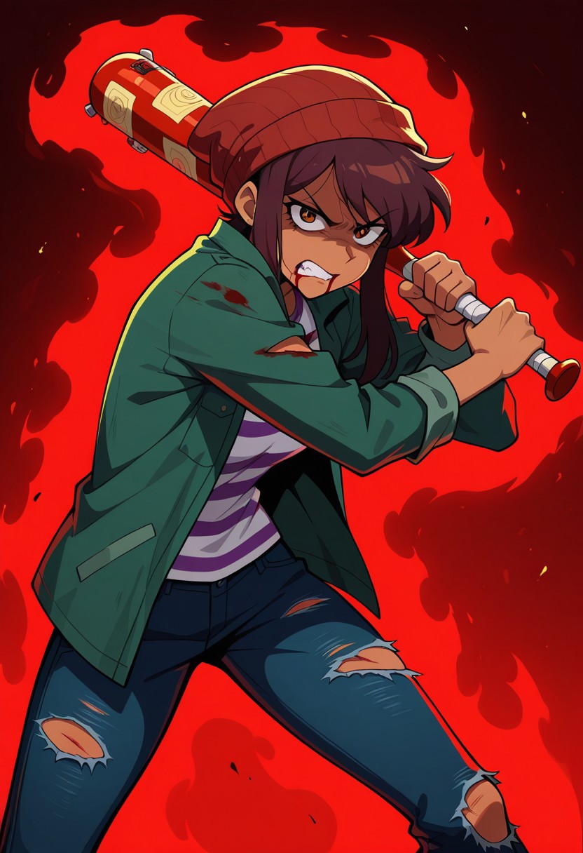 masterpiece, best quality, highres, BREAK, betaluz, 1girl, solo, dark-skinned female, brown eyes, brown hair, short hair, long bangs, red beanie, green jacket, open jacket, striped shirt, jeans, injury, torn clothes, blood, angry, looking at viewer, furrowed brow, clenched teeth, blood from mouth, red baseball bat, holding weapon, leaning forward, standing, legs apart, cowboy shot, red glow