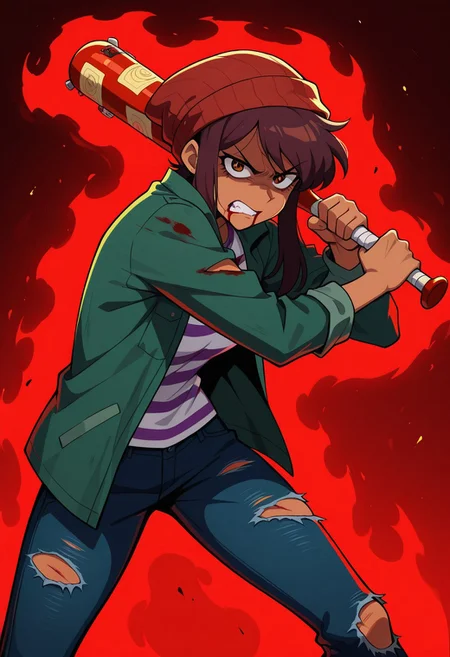 masterpiece, best quality, highres, BREAK, betaluz, 1girl, solo, dark-skinned female, brown eyes, brown hair, short hair, long bangs, red beanie, green jacket, open jacket, striped shirt, jeans, injury, torn clothes, blood, angry, looking at viewer, furrowed brow, clenched teeth, blood from mouth, red baseball bat, holding weapon, leaning forward, standing, legs apart, cowboy shot, red glow