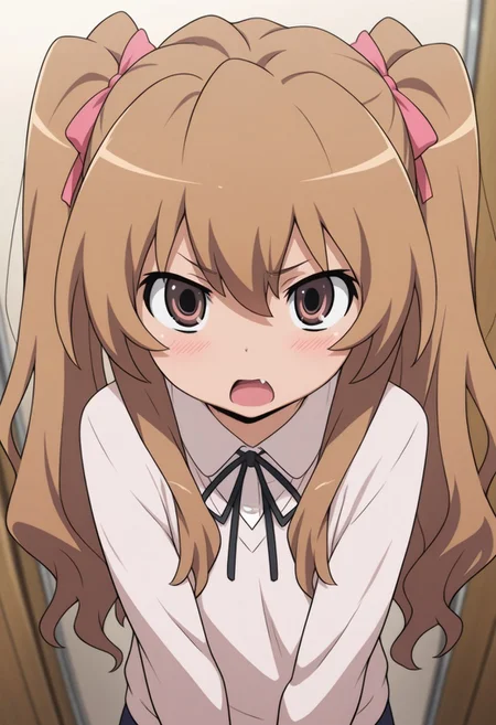 masterpiece,best quality,amazing quality, aisaka taiga, brown hair, long hair, brown eyes, 1girl, solo, twintails, open mouth, ribbon, hair ribbon