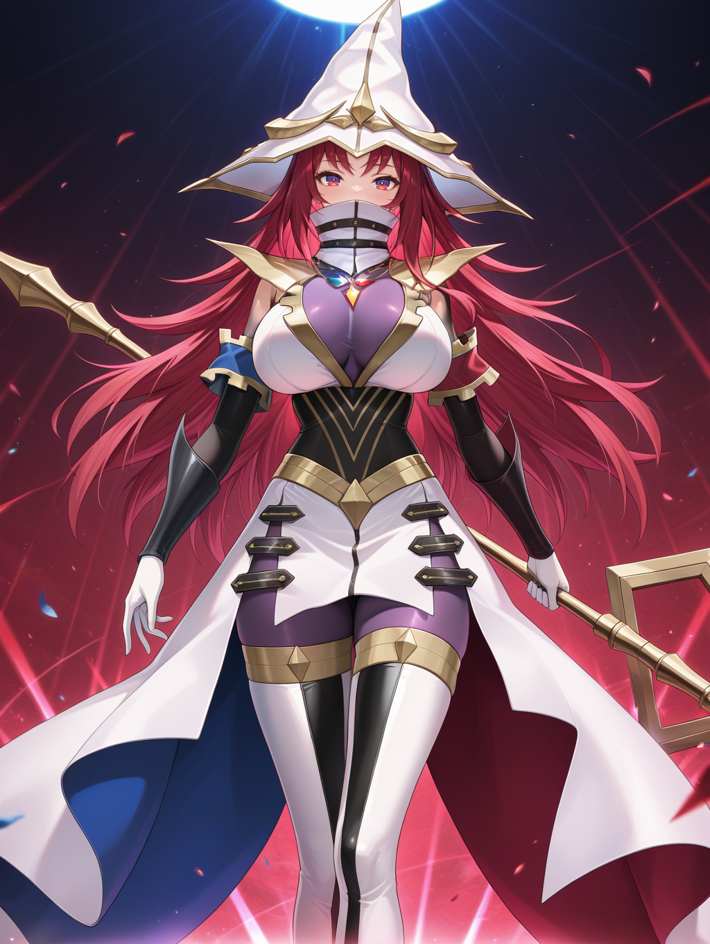 beyond the pendulum,1girl,staff,solo,white wizard hat,holding staff,large breasts,looking at viewer,covered mouth,red theme,blue theme,high collar,multicolored elbow gloves,multicolored thigh boots,standing,white dress,purple bodysuit,crystal necklace,
masterpiece,best quality,amazing quality,very aesthetic,absurdres,newest,<lora:Beyond the Pendulum illuXL v1:0.72>,