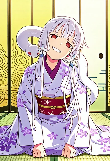 Smooth Quality - Illustrious, sfw,
anime, illustration, nadeko, red eyes,long hair,white hair,snake hair,albino,
<lora:NSFWFilter_illusXL_Incrs_v1:-1>
<lora:Snake_on_Shoulders:0.8> sn4k3, snake on shoulders, large snake, white snake,
1girl, solo,
japanese clothes, white kimono, furisode, floral print,
looking at viewer, head tilt, beautiful smile, grin,
golden folding screen, zabuton, tatami,
