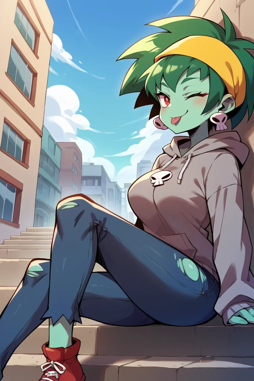 score_9, score_8_up, score_7_up, score_6_up, source_anime BREAK 1girl <lora:rottytops-pdxl-nvwls-v1-000005:1> rottytops, green hair, colored skin, skull earrings, yellow hairband, grey hoodie, jeans, torn clothes, loose clothes, sitting, sleeves past wrists, wink, tongue, stairs, blue sky, city, (big breasts:0.6)