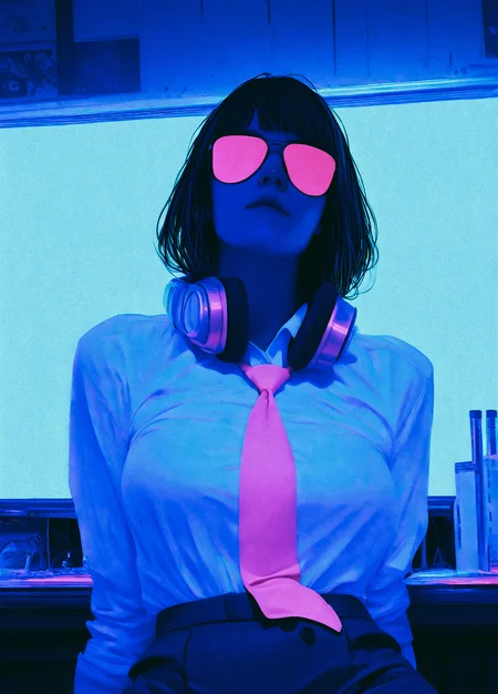 realistic,  
masterpiece, best quality, amazing quality, highres, absurdres, very aesthetic, very awa,expert shading, ultra detailed, UHD, 8K,
BREAK, vntgfnts, movie still, cinematic realistic, cherrygig, cowboy shot, caldermoore, 
3l3ganc3, semi-realism,1girl, solo,1girl, illustration-fen, An anime-style illustration of a cool, melancholic girl ,voluptuous breast, long dark hair, pink-tinted glasses, sitting in a dimly lit room with blue and purple neon tones. oversized button down shirt loose tie, with headphones around her neck, retro computer consoles behind her, a glowing green screen lights her face, and Japanese text is visible on the wall. The atmosphere is moody, lo-fi, and cyberpunk-inspired, evoking a late-night creative vibe. <lora:add-detail-xl:1> <lora:ponyv6_noobV1_2_adamW-000017:0.35> <lora:Elegence_Niji:0.85>