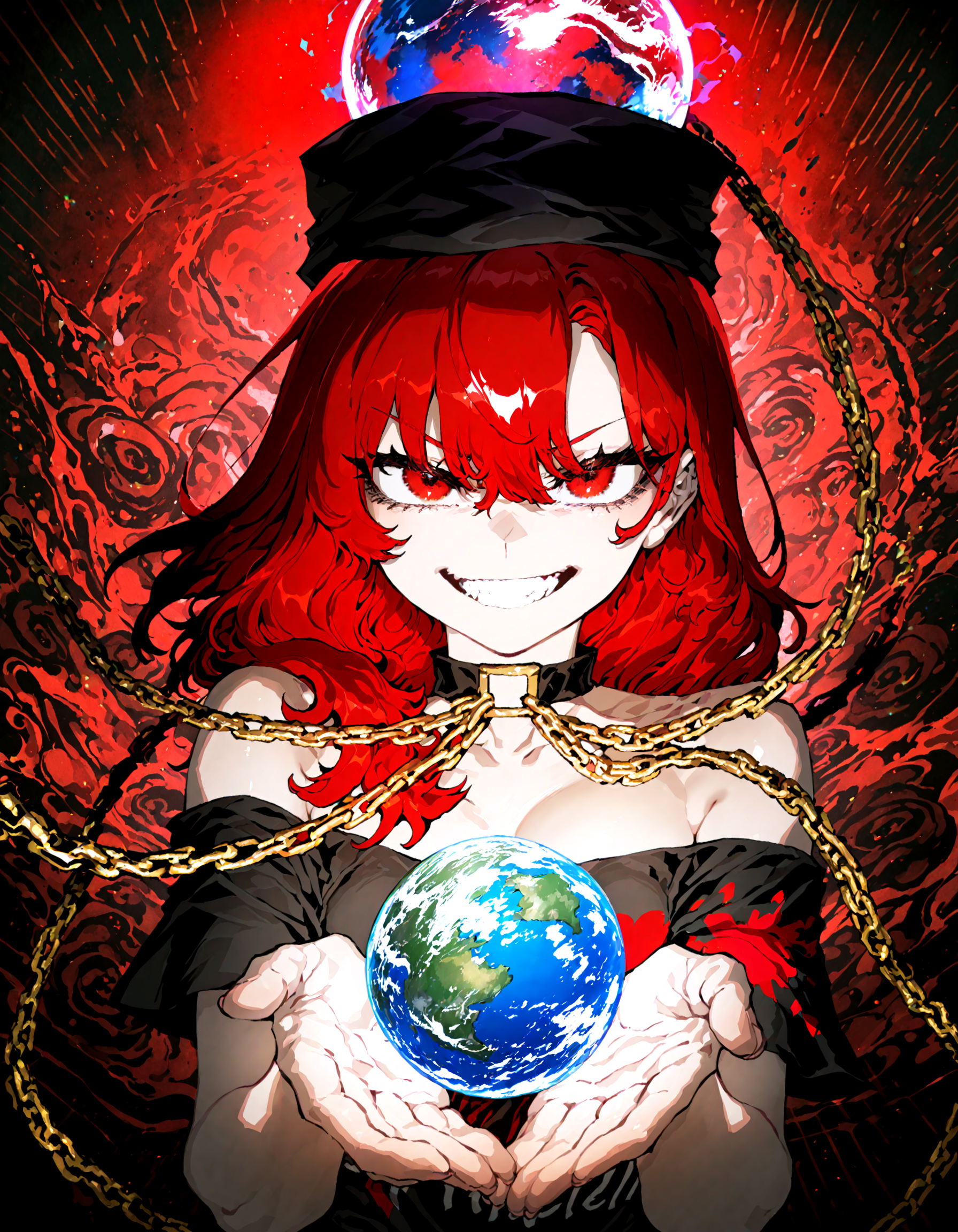 1girl, solo,  hecatia_lapislazuli , soft lighting, grin , looking at viewer, pov,chain, choker,  earth_(ornament) , hair_between_eyes, hat, moon_(ornament) ,  teeth, underworld_(ornament) , v-shaped_eyebrows, incoming attack, 
, ssambatea, quasarcake, Fishine,optical illusion,
masterpiece, best quality, amazing quality, very aesthetic, absurdres,  newest, (volumetric lighting),
<lora:cfg_scale_boost:0.5>, <lora:ponyv5_noobE11_1_adamW:0.5>, <lora:illustrious_noobai_epsilon_pred_1_best_quality_v1:0.5> ,<lora:illustrious_noobai_epsilon_pred_1_masterpieces_v1:0.5> ,<lora:illustrious_noobai_epsilon_pred_11_very_aesthetic_v1:0.5>