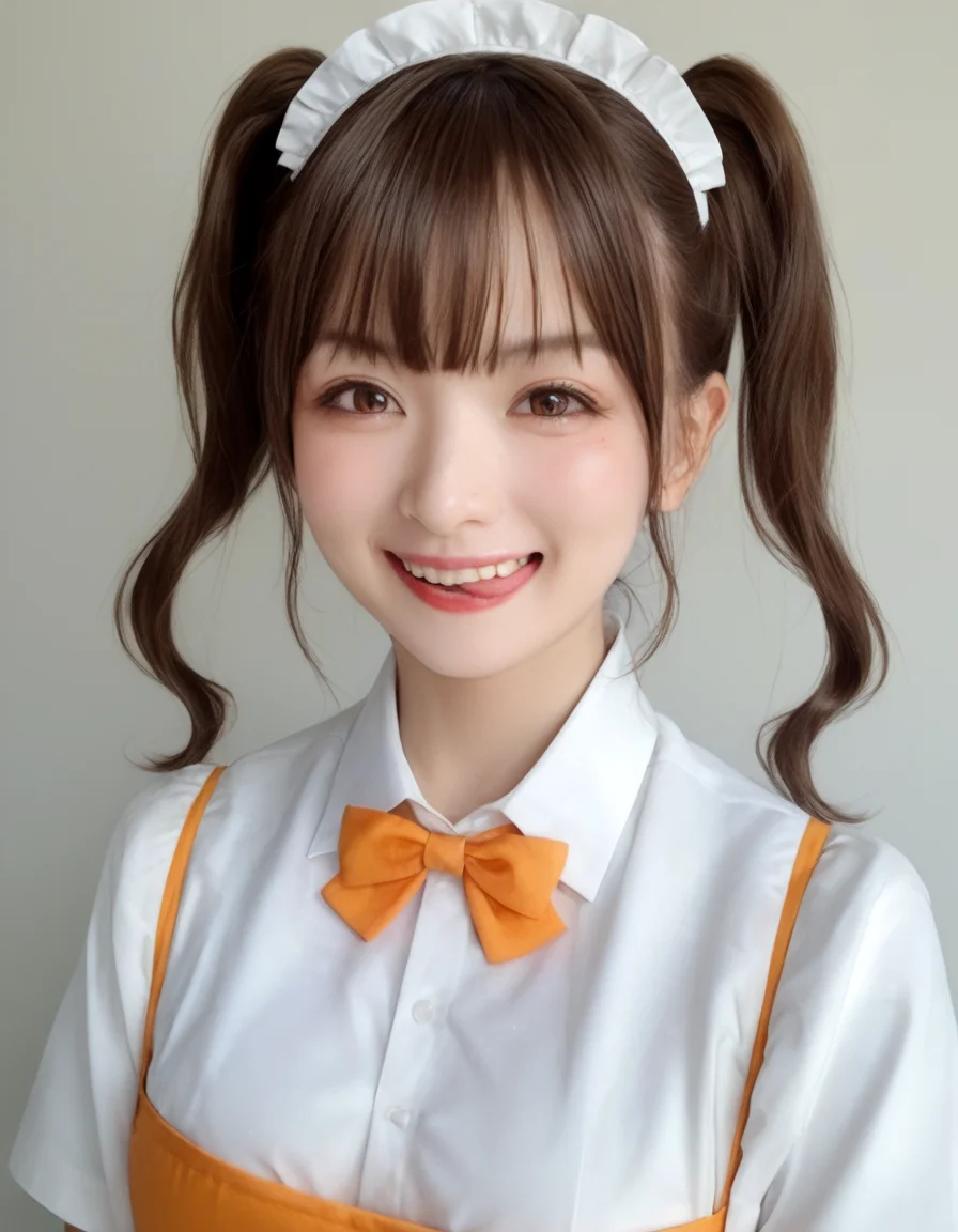 score_9, score_8_up, score_7_up, high quality, masterpiece,
Hight detail RAW color photo, professional photograph,
Cinematic Light, (Composition from the chest up),
japanese girl with Pigtails hair, cute idol, Brown eyes, evil grin,
Orange Maid Waitress uniform, White brim, open-chested white blouse,
sticking out side tongue, peromilk <lora:peromilk:0.8>