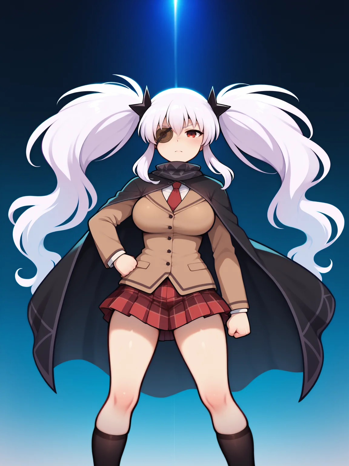 masterpiece, best quality, amazing quality, by asukaln
(solo:1.4), Yagyu_IL, red eye, eyepatch, white hair, long hair, twintails, shuriken hair clips, black hair clips, large breasts, Yagyu_shinobi, brown jacket, white shirt, red necktie, black cape, scarf with triangular patterns, plaid pleated skirt, black kneehighs, brown loafers
perfect composition, intricate details, absurdres, detailed face, detailed eyes, best eyes, standing, dynamic pose, gradient background, cinematic lighting, volumetric lighting, raw, graphic, graphic details, outdoors, traditional media, hand on hip, fist pump, flirty
<lora:Mystyle_SDXL_LoCon_DORA_v2:1>
<lora:SK_Yagyu_IL:0.8>