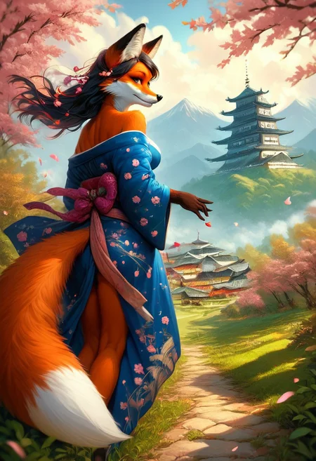 score_9_up,score_8_up,score_7_up,(masterpiece),(best quality),hyper detailed,perfect anatomy,anthro fox girl,foxfolk,dazzling,perfect face,
sexy,seductive,long hair,cleavage,black hair,print_kimono,furisode,orange furr,
wind_lift,dusk,outdoor,in spring,falling petals,cherry blossoms,looking_back,looking_at_viewer,dynamic_angle,photo realistic,