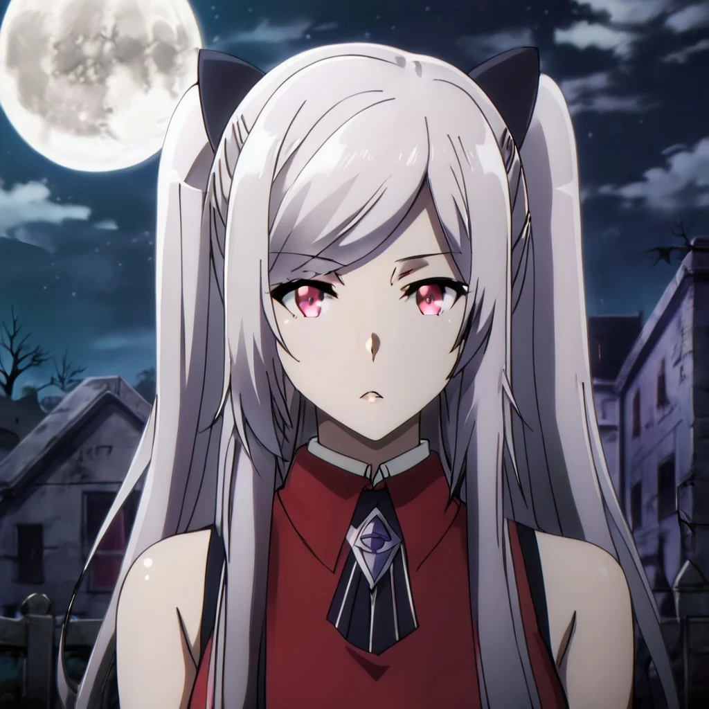 Black hair ribbon, gray hair, long hair, twintails, red eyes, large breasts, two side up, single hair bun, ponytail, wearing a gothic-style black and red dress with lace details, standing in an eerie graveyard with mist and tombstones, full moon in the background, dark and mysterious atmosphere
