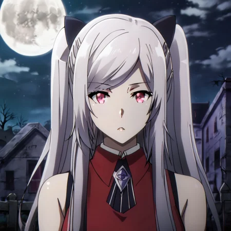 Black hair ribbon, gray hair, long hair, twintails, red eyes, large breasts, two side up, single hair bun, ponytail, wearing a gothic-style black and red dress with lace details, standing in an eerie graveyard with mist and tombstones, full moon in the background, dark and mysterious atmosphere