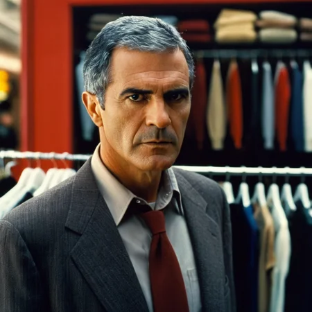 cinematic film still of <lora:detailed:0.4> detailed
<lora:perfection style:0.4> perfect
<lora:PerfectEyesXL:0.3>
<lora:Jackie Brown 1997 film style:0.9>
Robert Forster Max Cherry a man in a suit and red shirt looking at a rack of clothes,looking at viewer,shirt,black hair,1boy,jacket,male focus,food,collared shirt,blurry,facial hair,formal,red shirt,realistic,grey jacket,photo background , Jackie Brown 1997 film style, shallow depth of field, vignette, highly detailed, high budget, bokeh, cinemascope, moody, epic, gorgeous, film grain, grainy