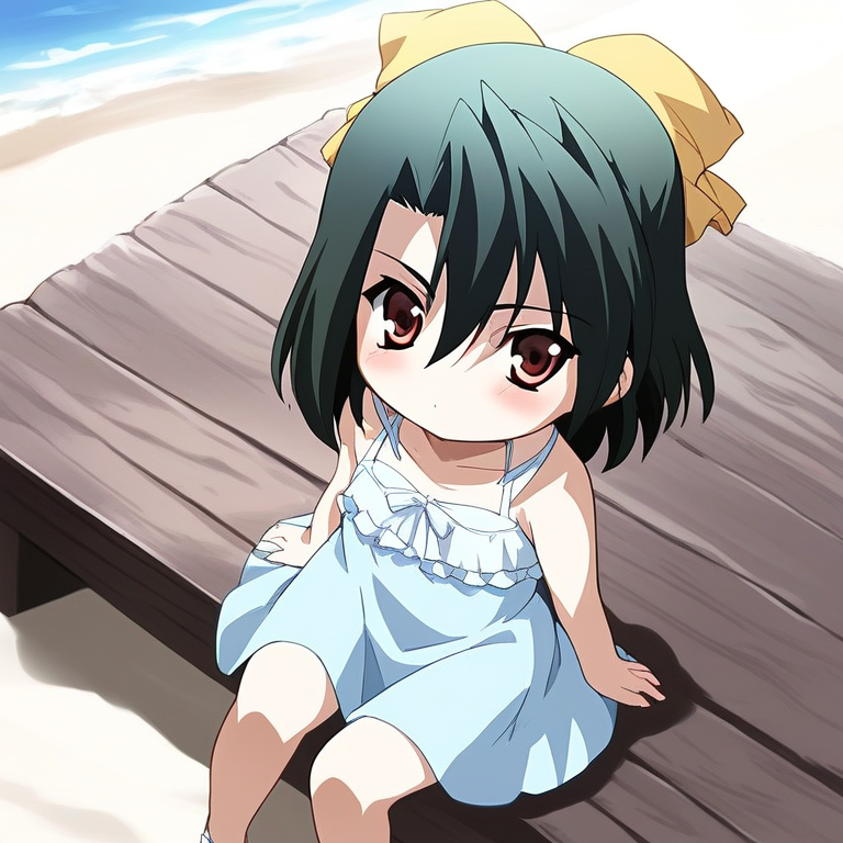 score_9, score_8_up, score_7_up, source_anime, rating_explicit, BREAK  <lora:Kiyoura_Setsuna_XL:1> Kiyoura_Setsuna, black hair,  green hair, short hair, red eyes, Yellow bow, hair ribbon, flat chest,hair between eyes, bangs,
1girl, sitting, dress, solo, chibi, bow, blush, looking at viewer, light blue dress, 
outdoor, beach, summer,