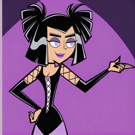 <lora:sammansonillustrious:1>, sammanson, two side up, 1girl, solo, smile, black hair, dress, purple eyes, hand on hip, makeup, lipstick, purple lipstick, masterpiece, best quality, high res, detailed background,