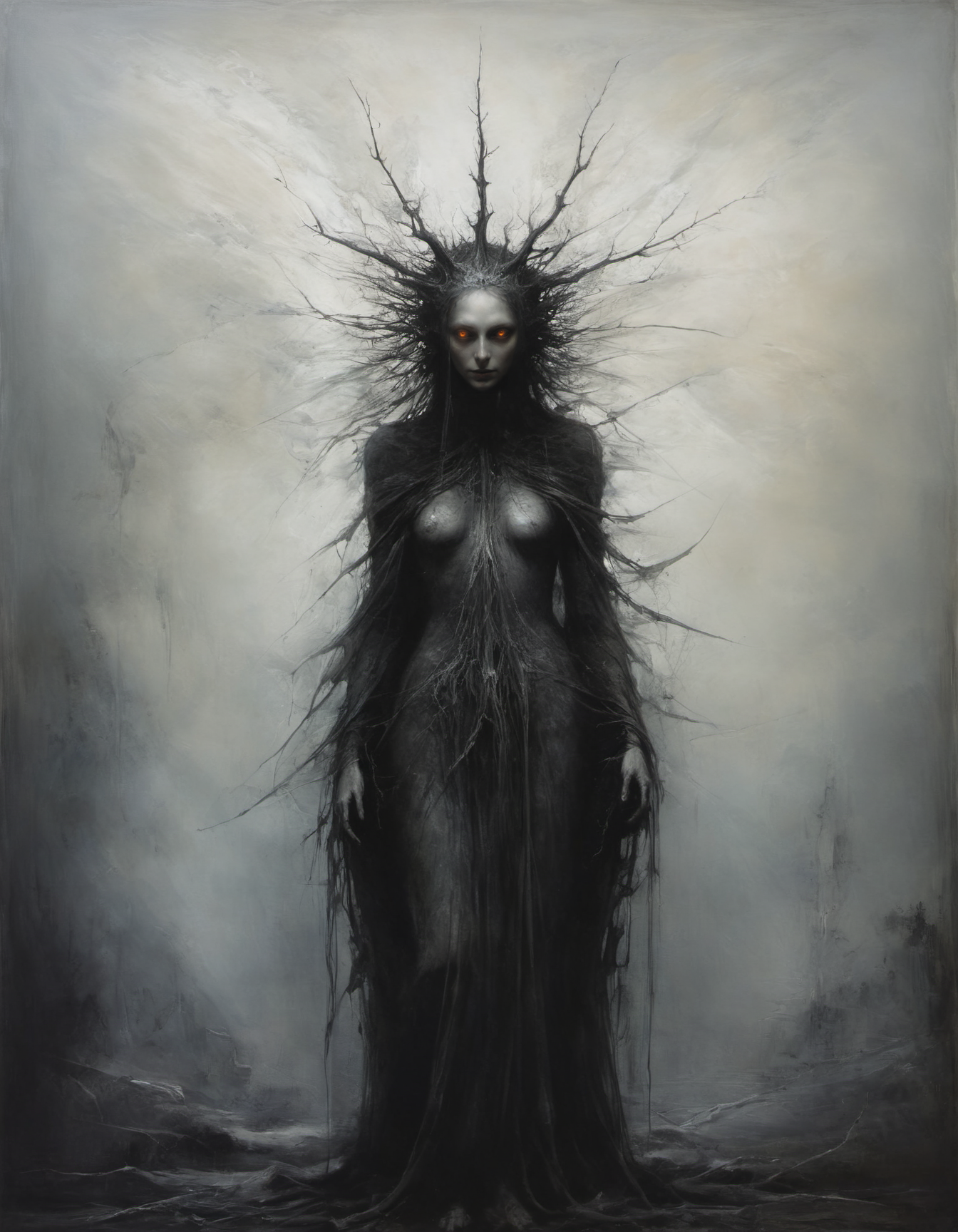 by peter de seve,  (masterful but extremely beautiful:1.4), (masterpiece, best quality:1.4) , in the style of nicola samori, Ethereal wraith, staticlike form, paradoxical presence, 3D, hauntingly abstract, style of Stephen Gammell, fragmented reality, by Francis Bacon, unusual silhouette, wearing a black thorn-crown, shifting textures, grayscale, ghostly presence, photorealism, spectral, high resolution , (brightly ghostly glowing eyes:1.5)
<lora:add-detail-xl:1> <lora:xl_more_art-full_v1:0.5>  <lora:NicolaSamori:0.7>
