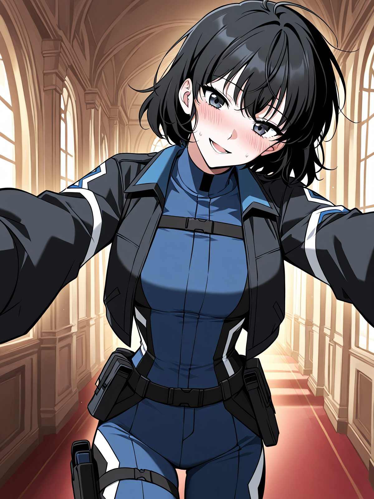 <lora:Omniscient Reader's Viewpoint _ Han Sooyoung_epoch_7:1>
1 girl, solo, short hair, messy hair, black hair, black eyes, 
blue bodysuit, black short jacket, tactical outfit, long black boots, utility belt, black gloves, holster on thigh, white and black accents, skin-tight suit, 
score_9, score_8_up, score_7_up, score_6_up, source_anime, rating_explicit, 1girl, solo, smile, embarrassed, alcalose eyes, open mouth, mansion, indoors, looking at viewer, outstretched arms, pov, close-up, (head tilt:1.2)