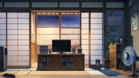 general, no humans, scenery, electric fan, indoors, cup, clock, window, television, book, shelf, plant, basket, flower, table, flower pot, night, calendar (object), lamp, monitor, sliding doors, phone, cable, computer, air conditioner
<lora:MakotoShinkai_ANI31_LoKr:1>