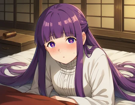 score_9, score_8_up, score_7_up, source_anime,
fern, <lora:fern-s1-ponyxl-lora-nochekaiser:1>,
fern, long hair, bangs, purple eyes, purple hair, sidelocks, blunt bangs, bright pupils, half updo,
long sleeves, dress, white dress, long dress,
indoors, bed, bed room, on side, blush, drunk,
looking at viewer, cowboy shot, dutch angle,