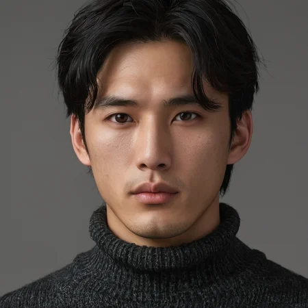 ck,Asian men,mole, solo, lips, mole_under_eye, realistic, upper_body, looking_at_viewer, black_hair, brown_eyes, sweater, forehead, nose, turtleneck, highly detailed <lora:style_lora_dadaptadam_realis-step00002600:0.4>