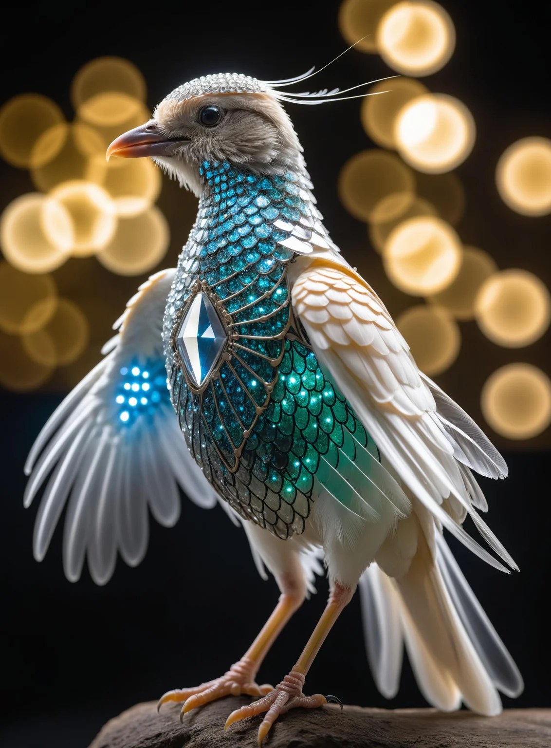 a diamond armor bird, translucent, high quality photography, 3 point lighting, flash with softbox, 4k, Canon EOS R3, hdr, smooth, sharp focus, high resolution, award winning photo, 80mm, f2.8, bokeh