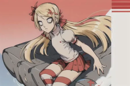 anime, 1girl, solo, Wendy, white shirt, short puffy sleeves, red pleated skirt, hair flower, no pupils, blank eyes, striped thigh highs