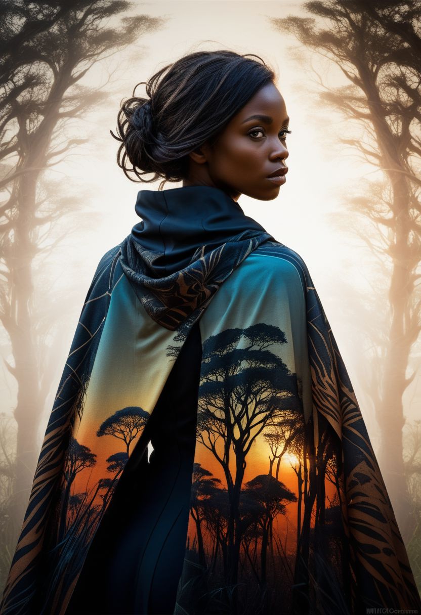 mysterious silhouette exotic woman with cape, african safari savannah, goddess, alluring, by Minjae Lee, Carne Griffiths, Emily Kell, Steve McCurry, Geoffroy Thoorens, Aaron Horkey, Jordan Grimmer, Greg Rutkowski, amazing depth, double exposure, surreal, geometric patterns, intricately detailed, bokeh,  perfect balanced, deep fine borders, artistic photorealism , smooth,  great masterwork by head of prompt engineering   <lora:add-detail-xl:2>  <lora:Double_Exposure:0.5>