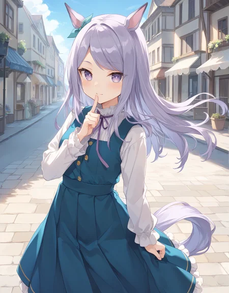 score_9, score_8_up, score_7_up, official art, masterpiece, high quality, megami magazine, official style, game cg, 1girl, (looking at viewer:1.4), (open mouth:0.6), , grimace, , finger to mouth, ,, patterned background,,
mejiro mcqueen (umamusume), animal ears, horse ears, horse girl, horse tail, tail, violet eyes, purple eyes, long hair, purple hair, eyebrows visible through hair, bangs, swept bangs, <lora:umamusume_mejiro_mcqueen_pony_v1:1>,
mjm casual, ribbon, green ribbon, purple ribbon, ear ribbon, neck ribbon, eyes visible through hair, casual, alternate costume, dress, pleated dress, aqua dress, blue dress, green dress, pinafore dress, long dress, shirt, white shirt, long sleeves, black pantyhose,
,