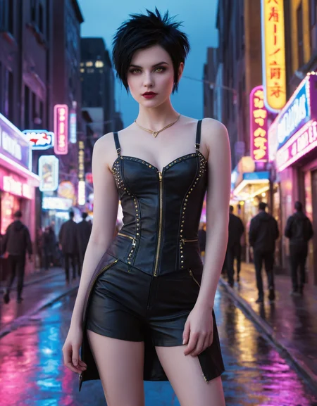 <lora:cwhyberponk1:1>,cwhyberponk1,r0k@p@nk,cwhyberponk0,cwhyberponk,str33tv13w,, scenery, city, cityscape, science fiction, city lights, street, neon lights, realistic, cyberpunk, dark,, Alice Cullen, (Height, Petite, standing at approximately 4 feet 10 inches:1), (Build, Slim and graceful, with a delicate frame that emphasizes her agility and speed:1), (Hair, Short, spiky, and jet-black hair, styled in a tousled, pixie-like fashion, giving her a playful and unique look:1), (Eyes, Golden or amber-colored eyes, eyes are large and expressive, adding to her charming and mischievous aura:1), (Skin, Pale, alabaster skin that sparkles like diamonds in sunlight, as typical of vampires in the Twilight universe:1),