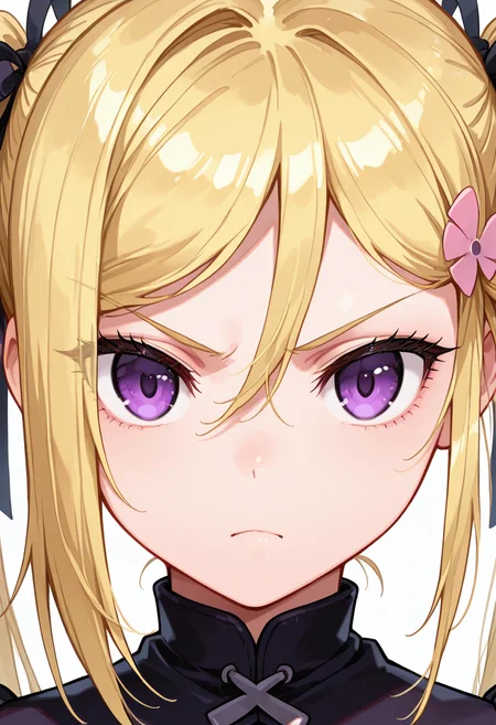 masterpiece, best quality, 1girl, solo, eyelashes, (beautiful eyes), zzMafuyu, purple eyes, blonde hair, hair between eyes, long hair, twintails, ribbon, hair ribbon, looking at viewer, closed mouth, v-shaped eyebrows, frown, portrait, close-up, serious, >:(, ,<lora:OrifushiMafuyu_IXL:1.0>,