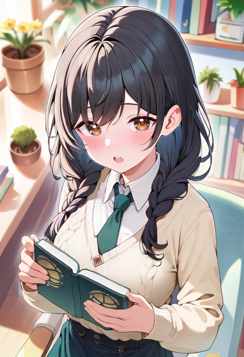 score_9,score_8_up,score_7_up,<lora:PDFA_Style5118164398:1>,1girl,solo,looking at viewer,blurry,:o,black hair,blonde hair,blurry background,blush,book,braid,brown eyes,buttons,collared shirt,depth of field,dress shirt,flower,from above,holding,holding book,indoors,long hair,long sleeves,necktie,on chair,open book,open mouth,plant,potted plant,shirt,sidelocks,sitting,standing,sweater,teeth,turtleneck,turtleneck sweater,twin braids,upper body,upper teeth only,white shirt