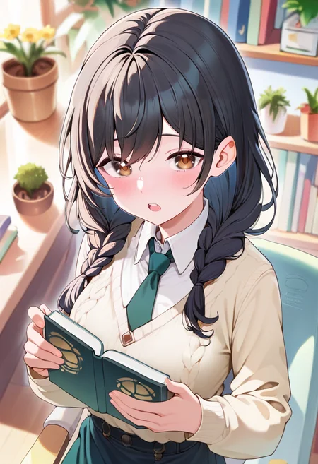 score_9,score_8_up,score_7_up,<lora:PDFA_Style5118164398:1>,1girl,solo,looking at viewer,blurry,:o,black hair,blonde hair,blurry background,blush,book,braid,brown eyes,buttons,collared shirt,depth of field,dress shirt,flower,from above,holding,holding book,indoors,long hair,long sleeves,necktie,on chair,open book,open mouth,plant,potted plant,shirt,sidelocks,sitting,standing,sweater,teeth,turtleneck,turtleneck sweater,twin braids,upper body,upper teeth only,white shirt