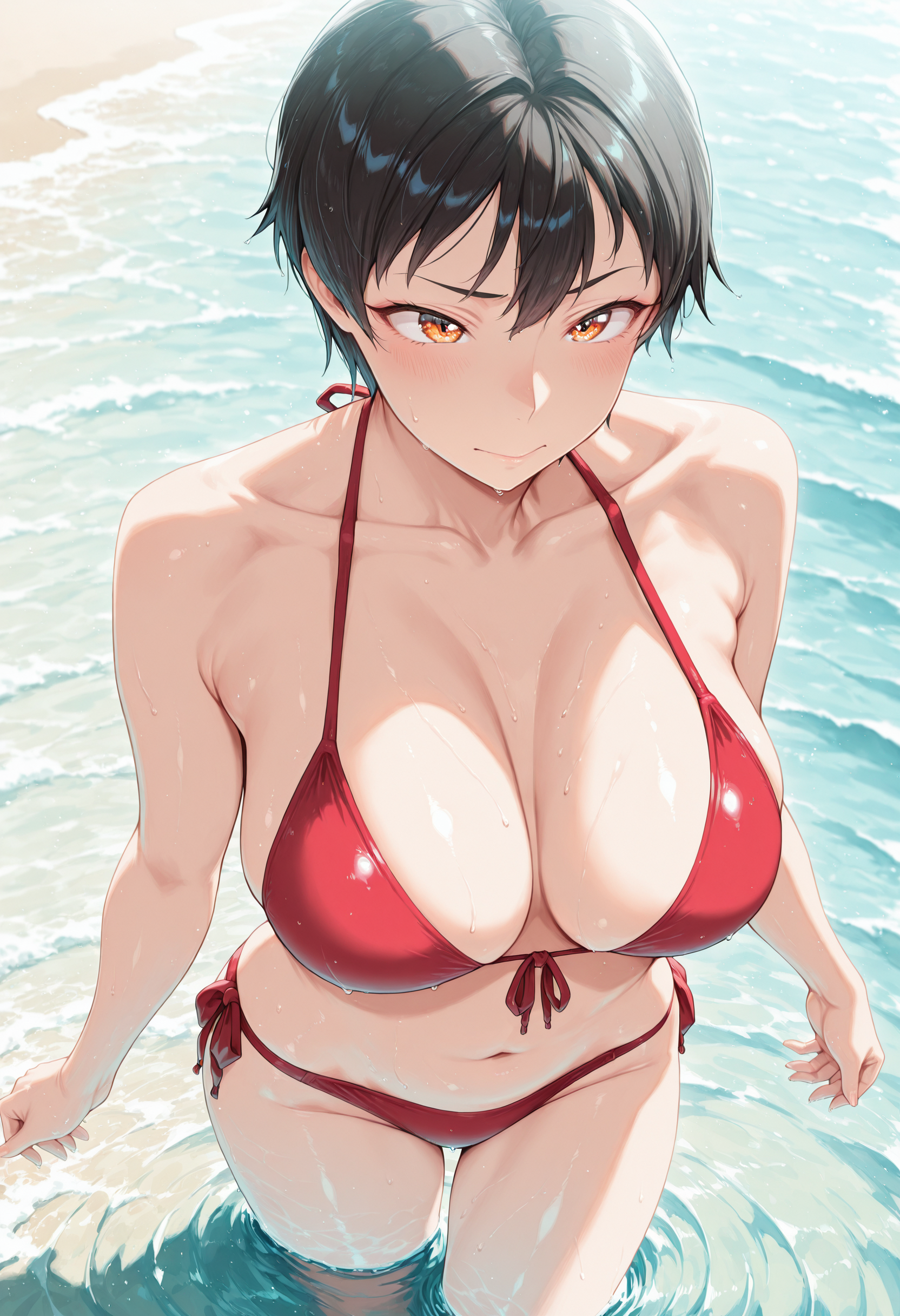 1girl,solo, <lora:NishimuraNao_Illustrious-000006:1>,nishimuranao, woman, short hair, black hair, light-orange eyes, large breasts,  
 beach, bikini, fun, water, standing, partially submerged, from above, red bikini, front-tie bikini, masterpiece, best quality, amazing quality, high resolution, ultra-detailed, absurdres,
