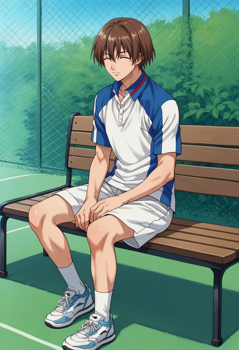 score_9, score_8_up, score_7_up, source_anime, highly detailed, 

shusuke, 1boy, male focus, solo, brown hair, hair between eyes, closed eyes, tennis uniform, white shirt, blue shirt, short sleeves, shorts, white shorts, socks, white socks, sneakers, sit,

outdoor, sport bench,