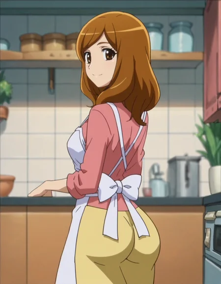 score_9, score_8_up, score_7_up, anime screencap, solo,1girl,kisechiharu, smile, looking at viewer, apron, medium breasts, from behind,huge ass,cowboy shot<lora:kisechiharu:0.8>,